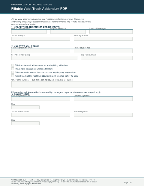 Fillable Valet Trash Addendum PDF preview
