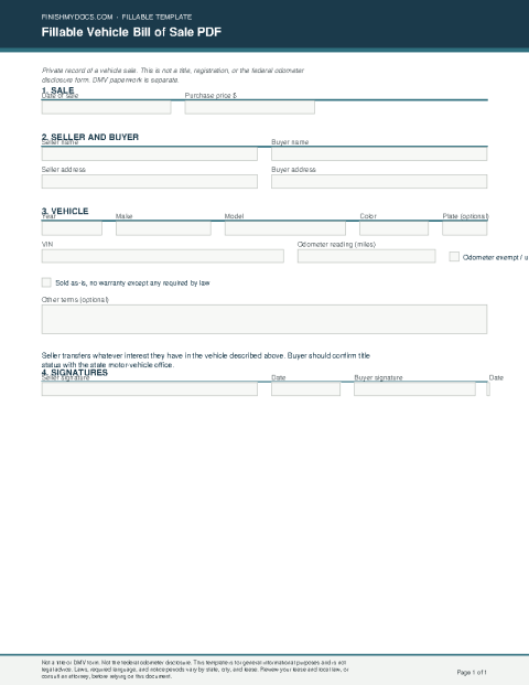 Fillable Vehicle Bill of Sale PDF preview