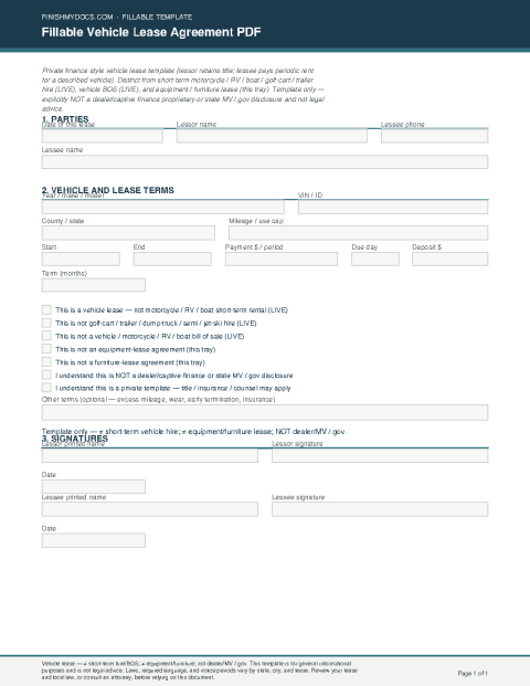 Fillable Vehicle Lease Agreement PDF preview