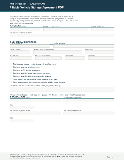Fillable Vehicle Storage Agreement PDF preview