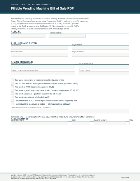 Fillable Vending Machine Bill of Sale PDF preview