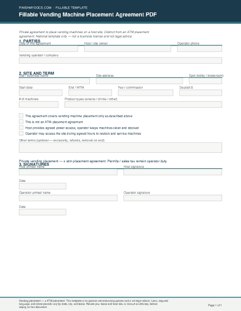 Fillable Vending Machine Placement Agreement PDF preview