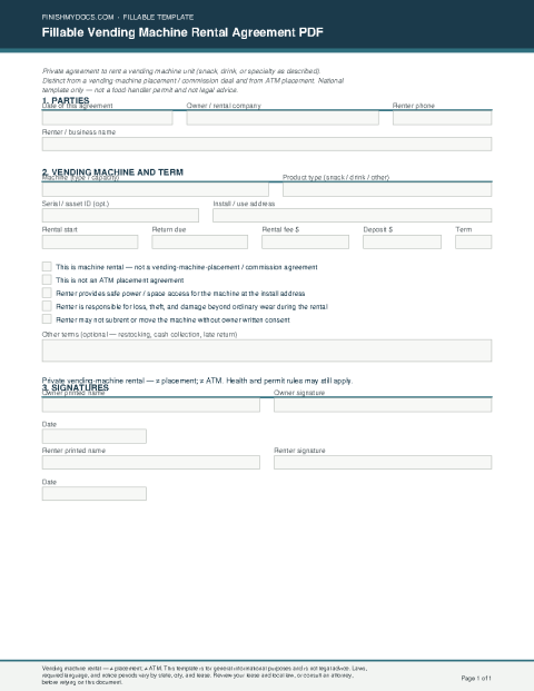 Fillable Vending Machine Rental Agreement PDF preview