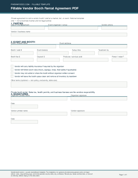 Fillable Vendor Booth Rental Agreement PDF preview