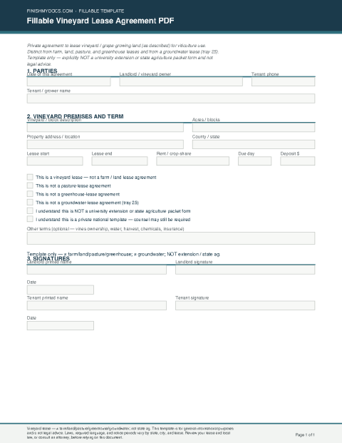Fillable Vineyard Lease Agreement PDF preview
