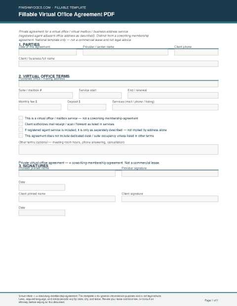 Fillable Virtual Office Agreement PDF preview