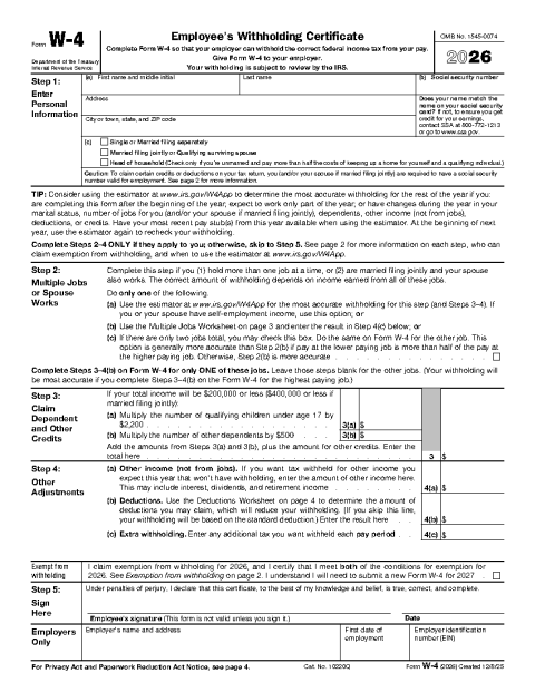 W-4 Form (Employee's Withholding Certificate) preview