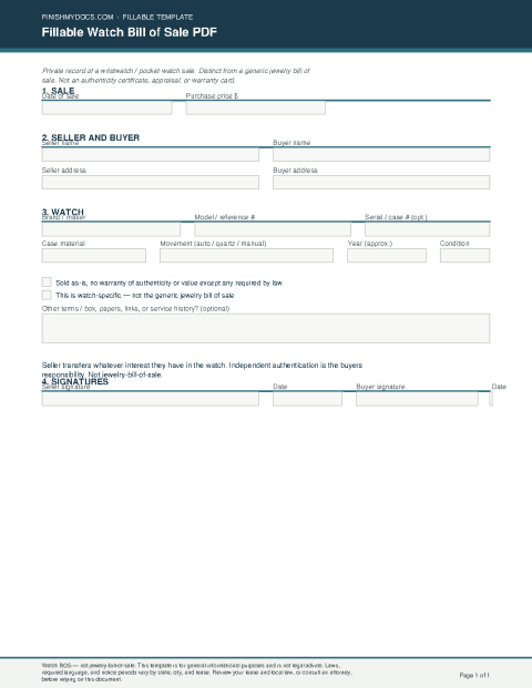 Fillable Watch Bill of Sale PDF preview