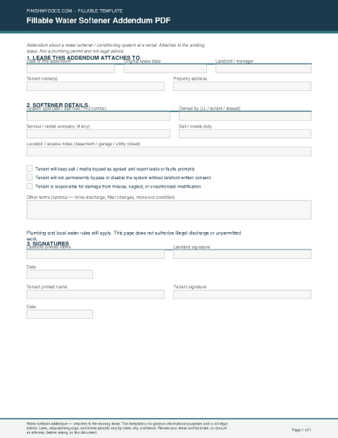 Fillable Water Softener Addendum PDF preview