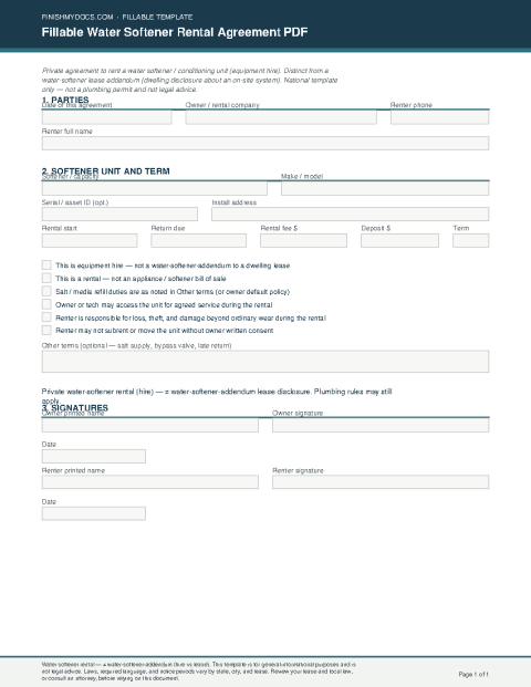 Fillable Water Softener Rental Agreement PDF preview