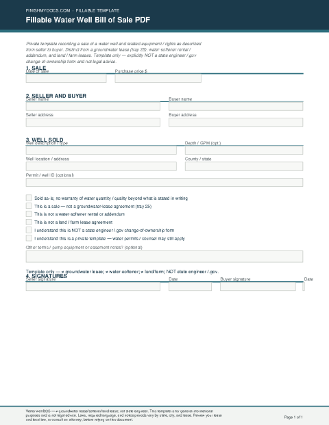Fillable Water Well Bill of Sale PDF preview