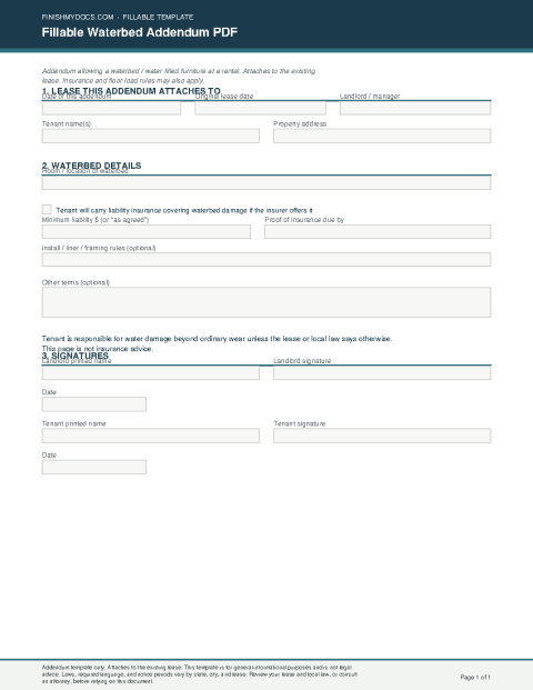 Fillable Waterbed Addendum PDF preview