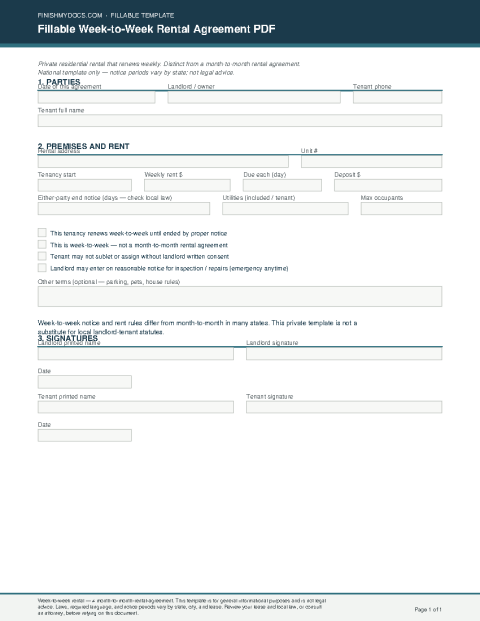Fillable Week-to-Week Rental Agreement PDF preview