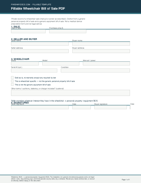 Fillable Wheelchair Bill of Sale PDF preview