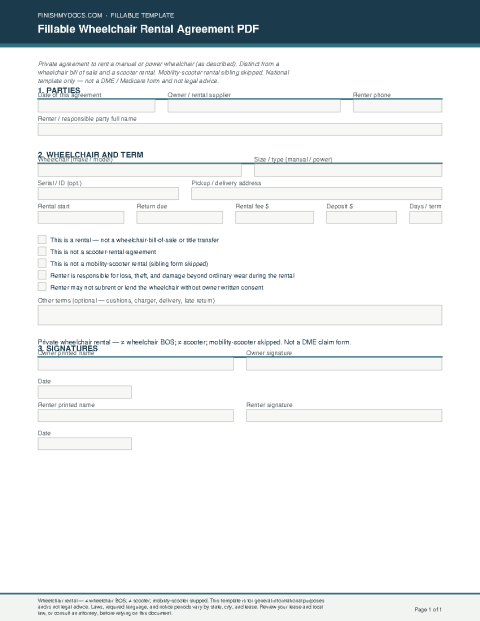 Fillable Wheelchair Rental Agreement PDF preview