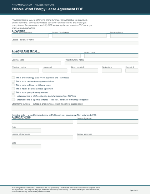 Fillable Wind Energy Lease Agreement PDF preview