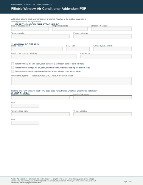 Fillable Window Air Conditioner Addendum PDF preview