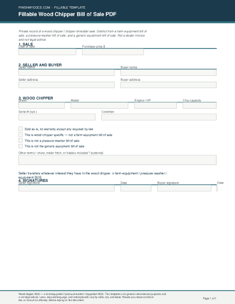 Fillable Wood Chipper Bill of Sale PDF preview