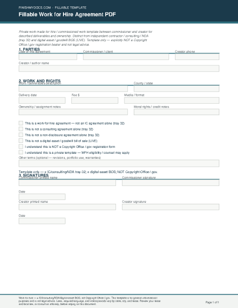 Fillable Work for Hire Agreement PDF preview