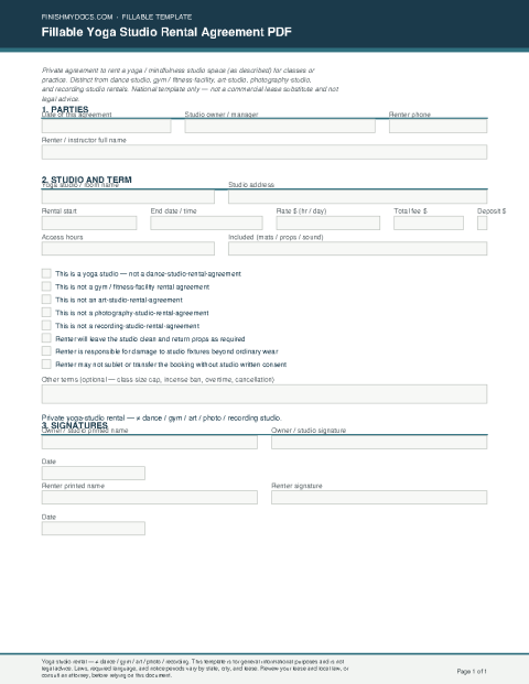 Fillable Yoga Studio Rental Agreement PDF preview